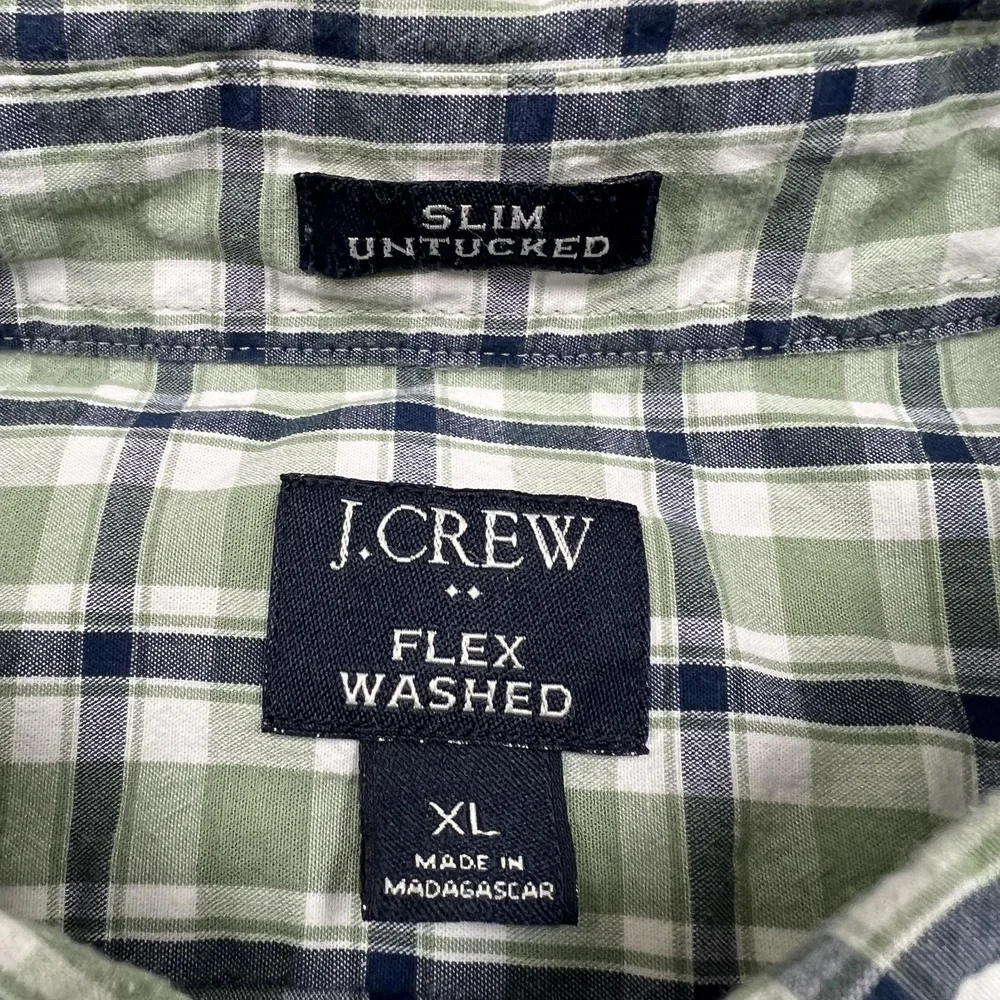 J Crew Shirt Mens XL Green Plaid Flex Washed Slim Untucked Button Up Stretch